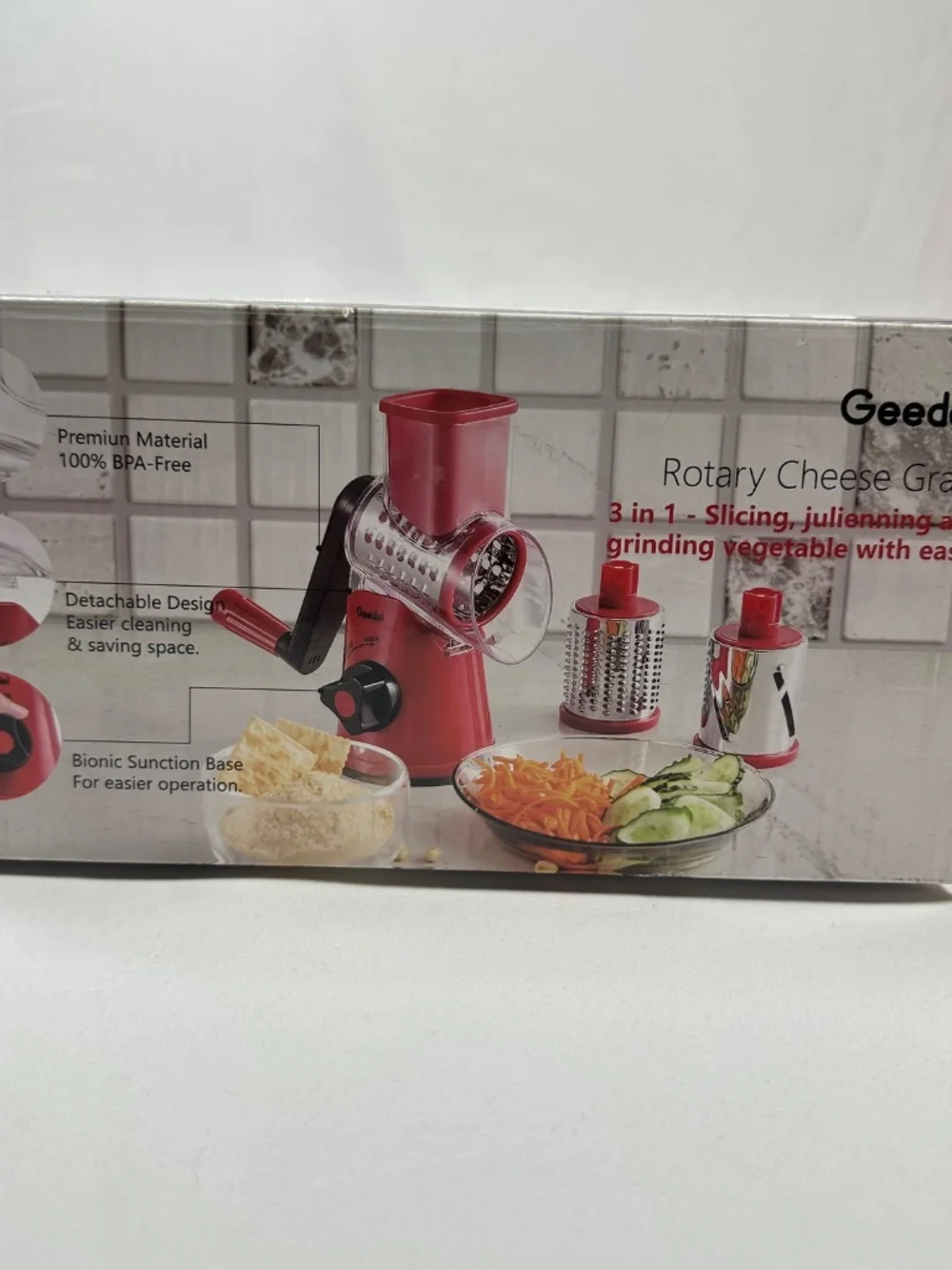 Geedel Rotary Cheese Grater Pink and Teal 3in1 Slicing Julienning & Grinding NIB